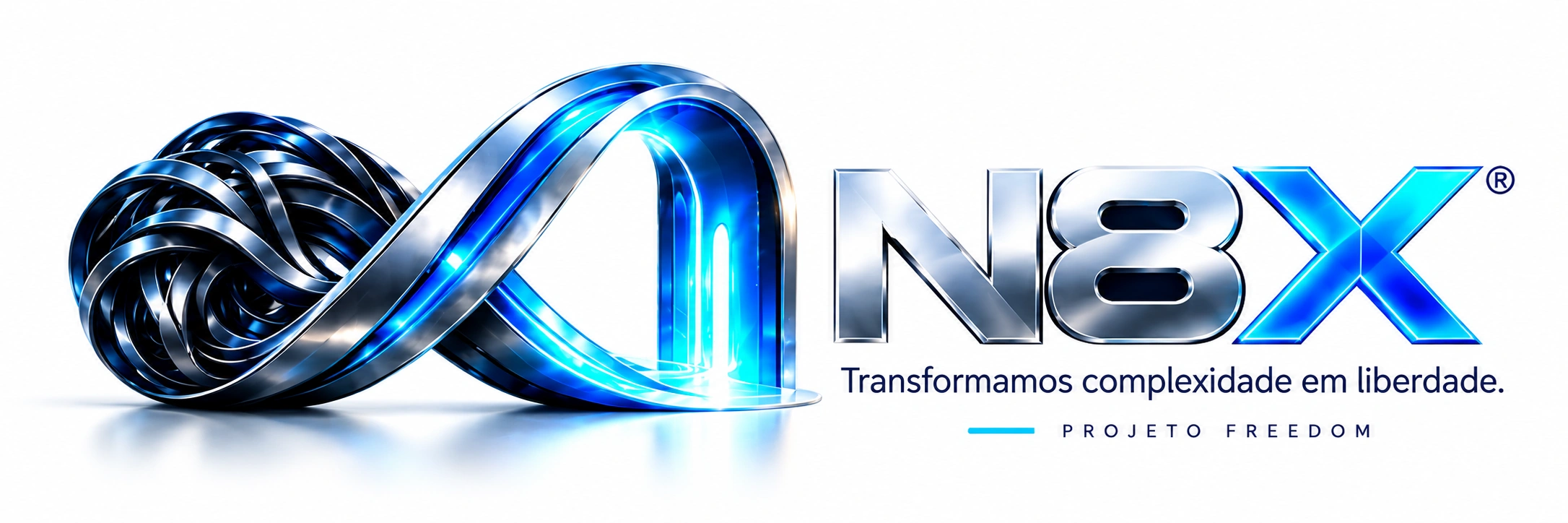 N8X — símbolo de infinito tridimensional em azul e logotipo